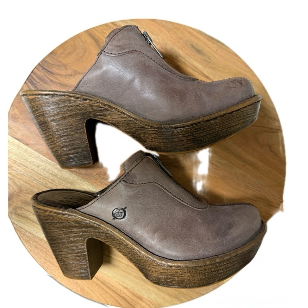 BORN Haledon Leather Clog Mules Brown Pewter Woodgrain Heel Comfort Shoes 7 EU38 - Picture 7 of 13